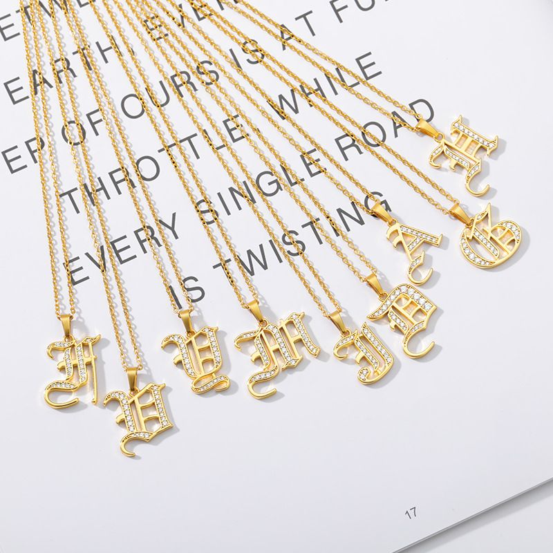 Schmuck alten englischen Brief Anhänger Kupfer Zirkon Halskette Edelstahl Kette_voghion.com