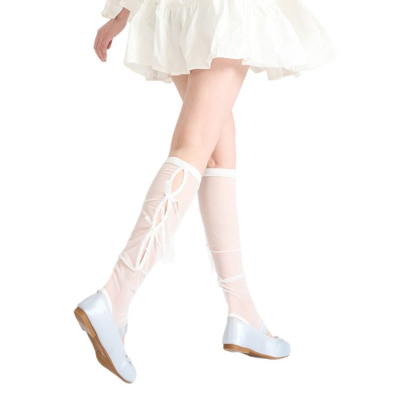 Lace Bow Tie Stockings For Women Spring Summer Thin Transparent Hollow Out Footless Slimming Mesh Long Tube Slouch Socks_voghion.com