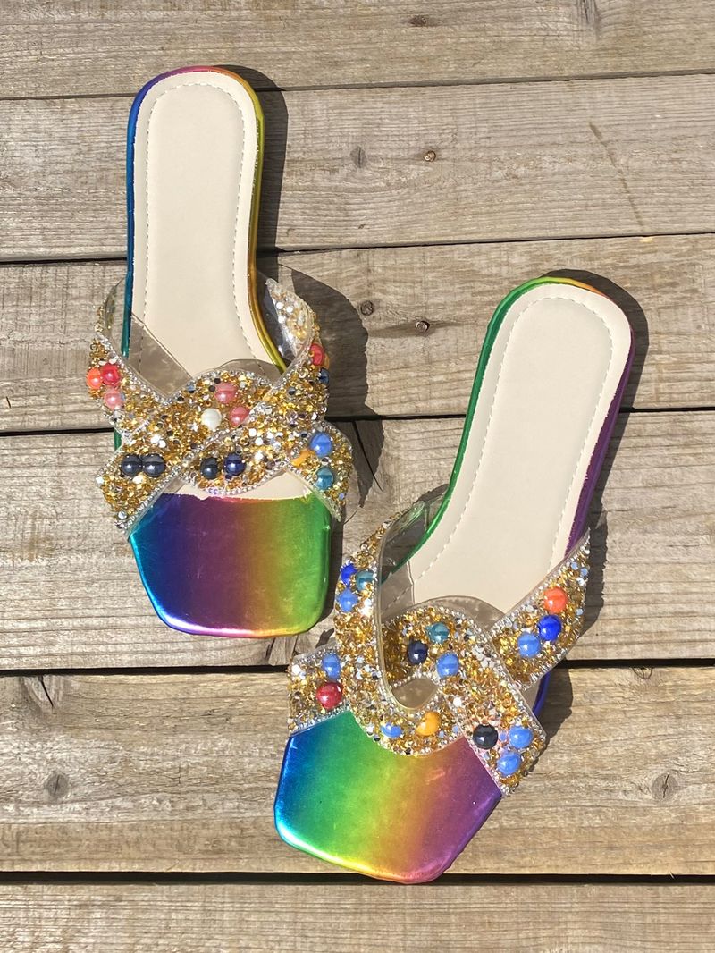 Damenschuhe Sommerschuhe mit quadratischer Zehenpartie, flacher Unterseite, einzeiliger Strassstein, große Edelstein-Hausschuhe für Damen, große Größe, modische Strand-Outdoor-Hausschuhe_voghion.com