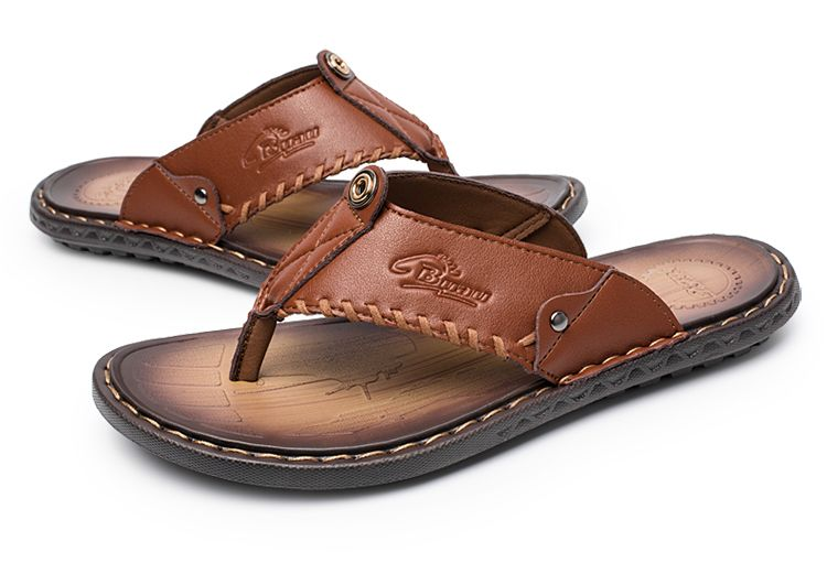 【 Vera pelle bovina cucita a mano 】 Pantofole a spina di pesce, sandali in pelle alla moda, sandali da uomo antiscivolo per uso esterno_voghion.com