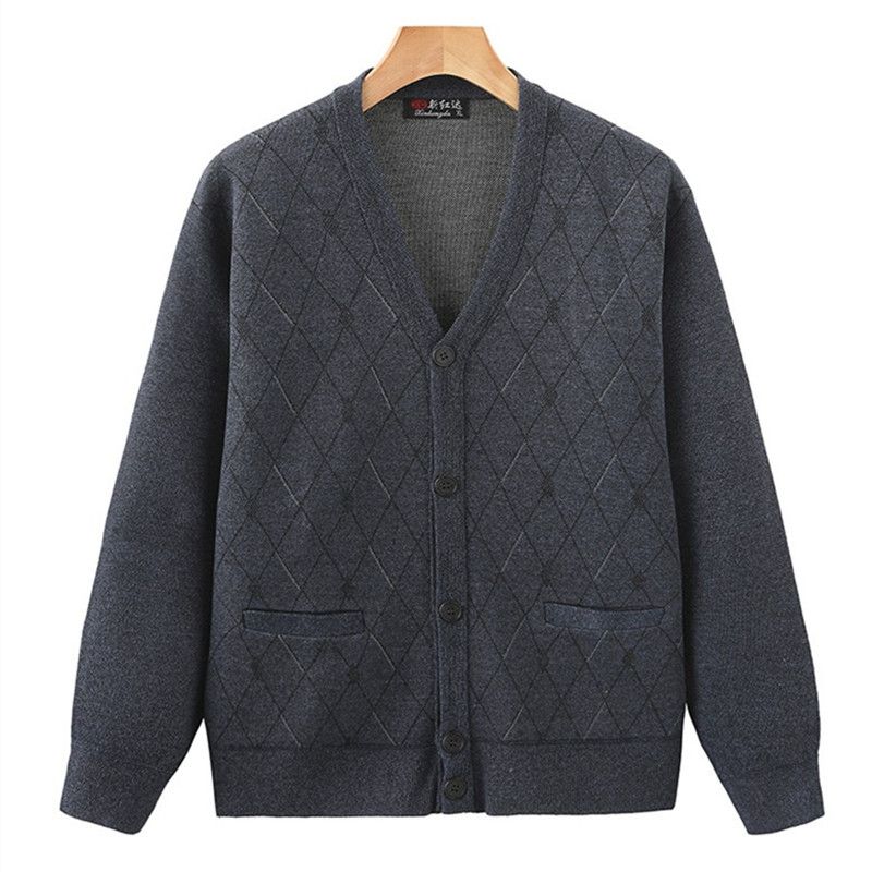 Strickjacke für ältere Menschen mittleren Alters, Herren, Frühling und Herbst, V-Ausschnitt, gestrickter Jacquard-Pullover mit offener Vorderseite_voghion.com