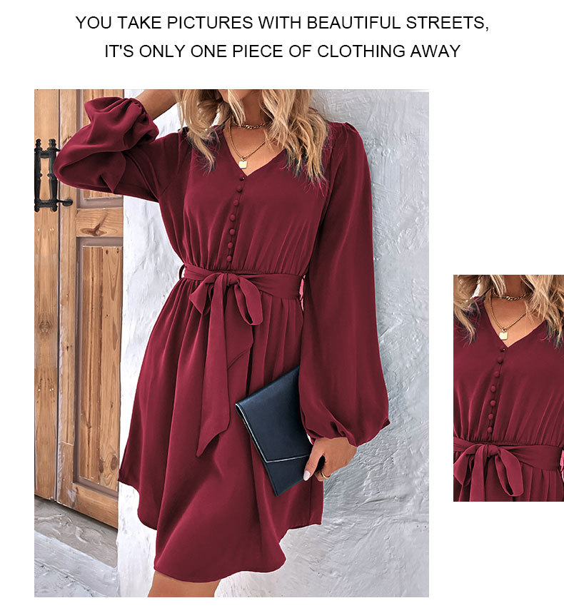 Abito a maniche lunghe con scollo a V solido da donna_voghion.com