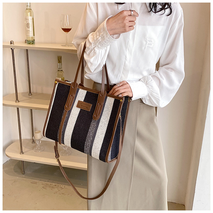 Nowa torba z grubej bawełny o dużej pojemności płócienna torba damska transgraniczny handel zagraniczny kontrastowy kolorowy pasek torba na ramię trend w modzie torba listonoszka_voghion.com