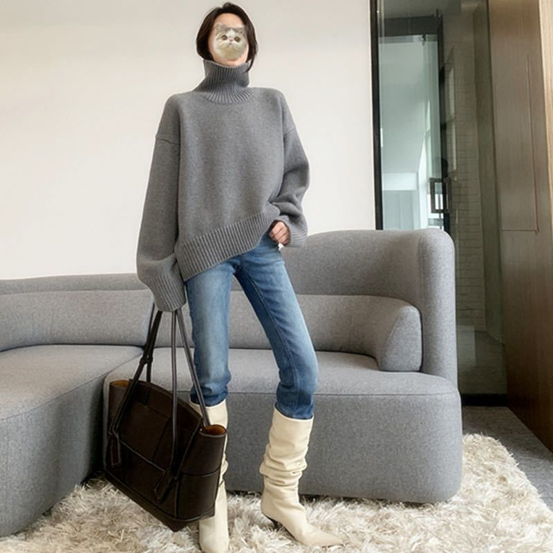 Women's turtleneck soft waxy sweater to wear a loose feeling with lazy wind knit base_voghion.com