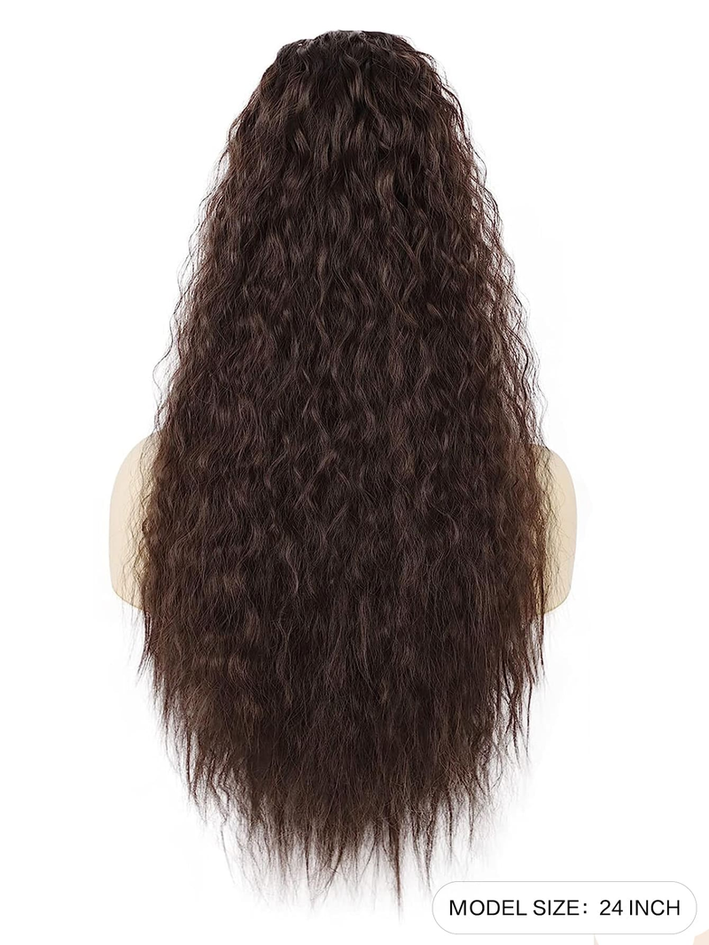 Braune lange Kordelzug-Verbundhaarverlängerung mit 61 cm geradem Dutt und Clip für Damen-Pferdeschwanz_voghion.com