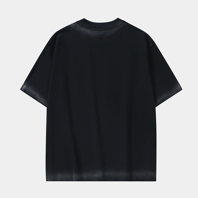 Small Niche Spray Dyed Vintage Design, Loose Fitting T-shirt, Trendy Men's Casual Matching Set, Black Top_voghion.com