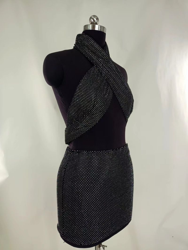 Sexy rhinestone inset diamond cloth hanging neck wrap chest top stitching skirt suit_voghion.com