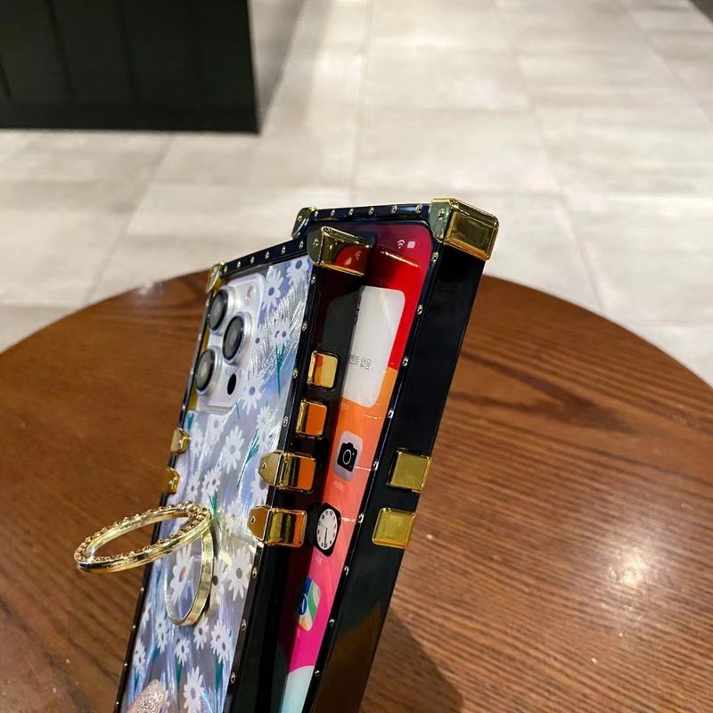 For Iphone 11 12 13 14 15 Pro Max Plus Luxury Laser Flower Diamond Ring Holder Stand Square Phone Case Cover_voghion.com