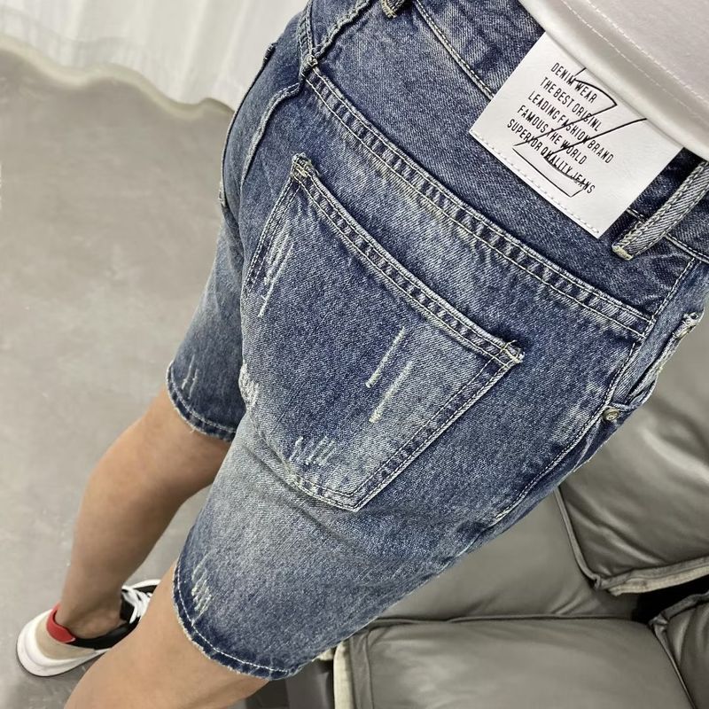 Vintage Light Blue Labeled Men's Denim Shorts - Slim Fit Stretch Summer Casual Shorts With Distressed Wash_voghion.com