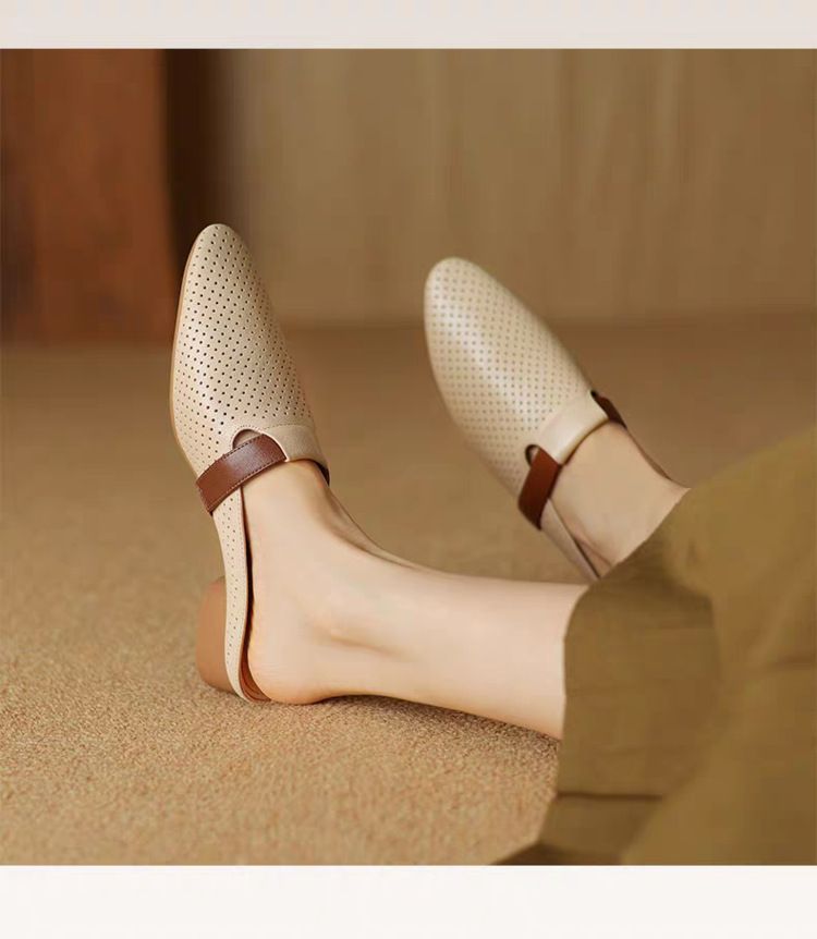 Französische atmungsaktive Hohltaschen-Halbpantoffeln für Damen, weiches Leder, runde Sandalen, faule Muller-Schuhe mit niedrigem Absatz_voghion.com