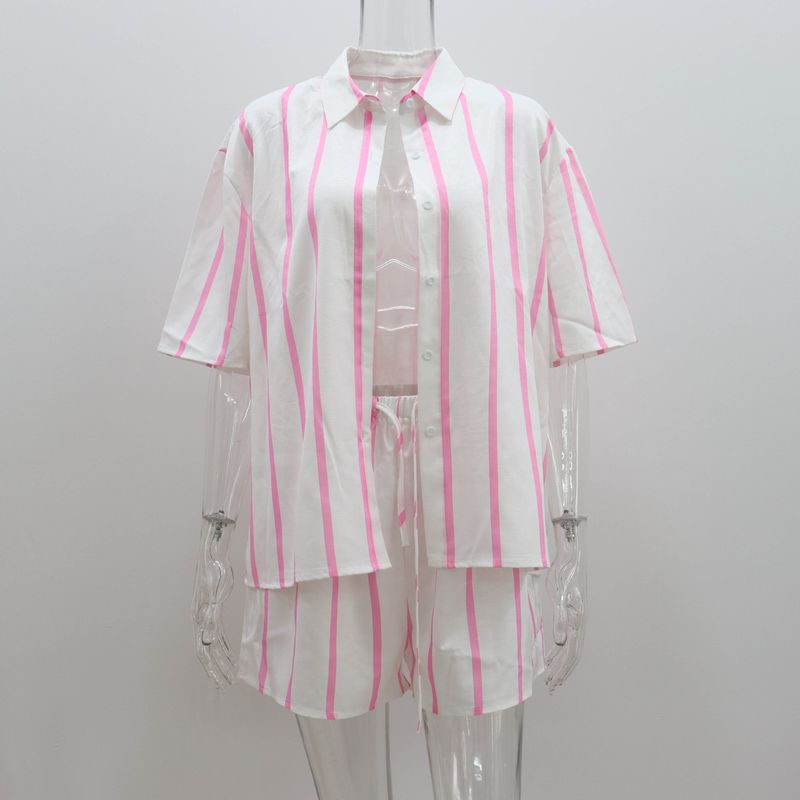 Vêtements pour femmes printemps et été nouvelle plage chemise à manches courtes dames loisirs deux pièces mode rayé short costume_voghion.com