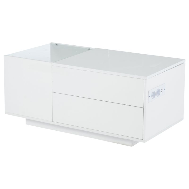Table basse réglable en hauteur 95 x 48 x 42 cm avec rangement dissimulé, éclairage LED, tiroir et prise – Table d'appoint de salon blanche_voghion.com