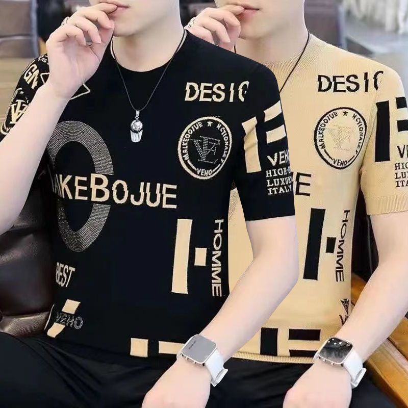 Men's Summer 2023 New Ice Silk Short-sleeved T-shirt Fashionable Brand Fashionable Half-sleeved T-shirt Loose Round Neck Top Clothes for Men_voghion.com