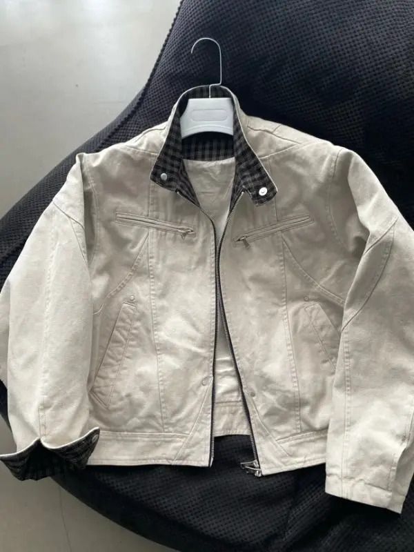 Retro Workwear Jacket Men's Stand Up Collar Jacket Cardigan Zipper Top Versatile Casual_voghion.com