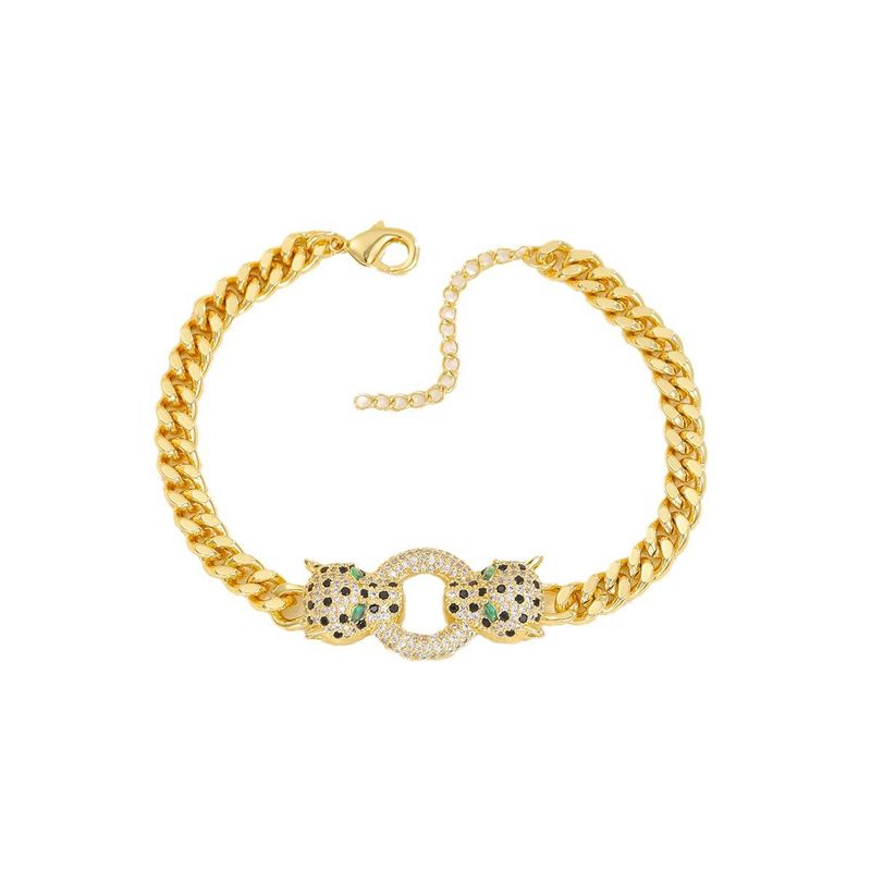 Bracciale da uomo e da donna in rame micro pavé di zirconi, placcato oro vero, stile punk hip hop, con doppia testa di leopardo_voghion.com