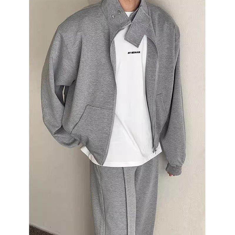 Vêtements pour hommes décontractés amples épaulettes col montant pull costume hommes automne sport deux pièces costume tendance garçons couleur unie_voghion.com