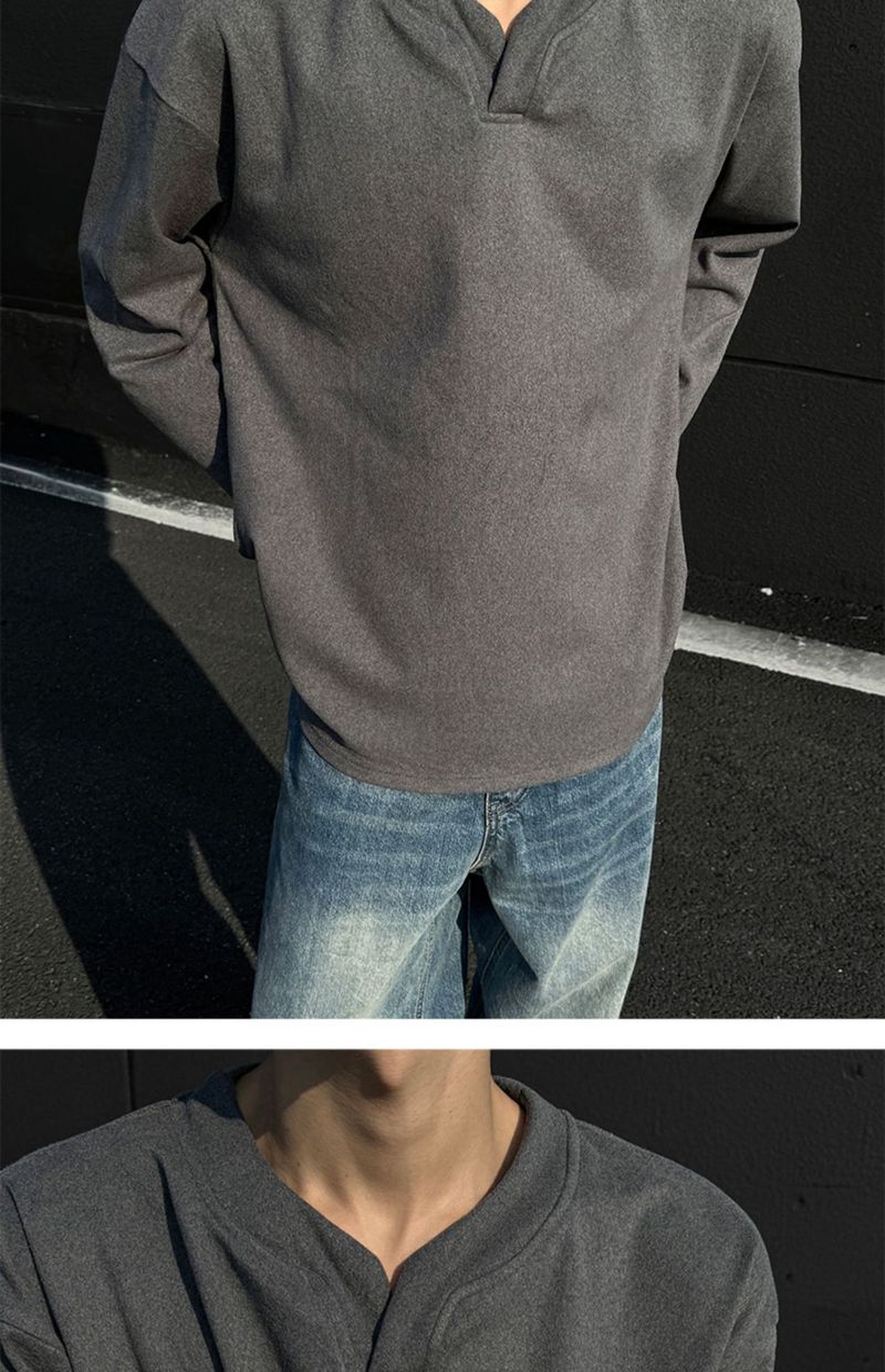 boy Boy Autumn Winter De Velvet V-Neck Sweatshirt Warm Inner Layer Base Shirt Long Sleeve T-Shirt Top Trendy Men's Cool Fashion_voghion.com