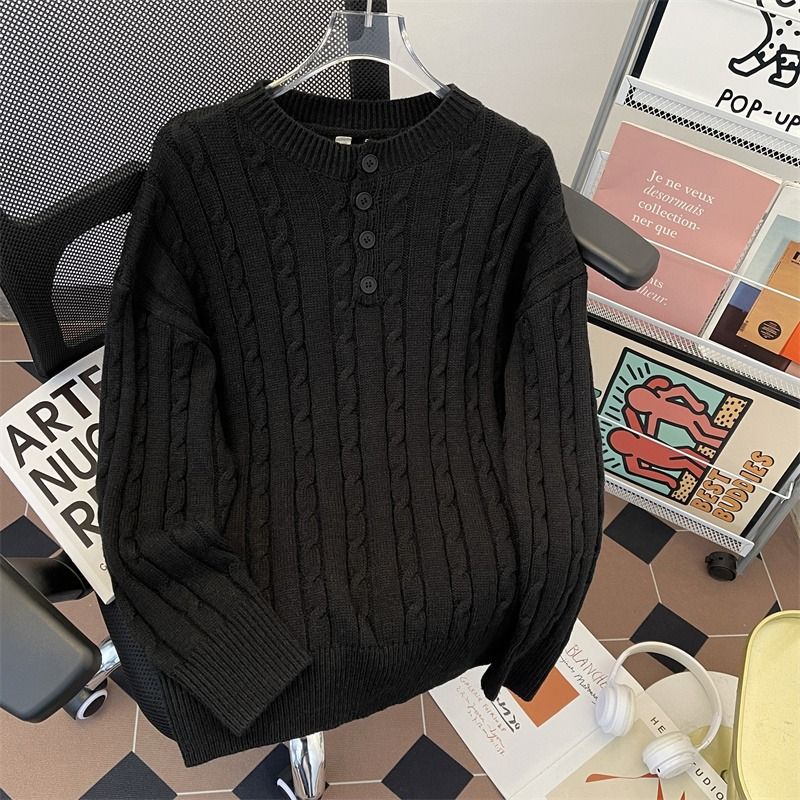 Passender grauer Zopfmusterpullover für Paare – Oversized Henley-Halspullover für Männer und Frauen, weicher und gemütlicher Unisex-Winterpullover_voghion.com