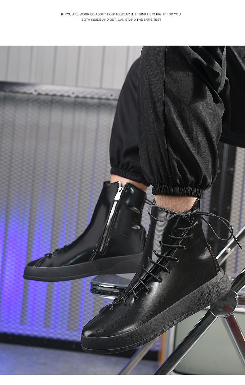 Autumn/winter New Men's Board Shoes 2024 European Station Large Martin Boots Strap Bright High Top Leather Boots Thick Bottom Motorcycle Boots_voghion.com