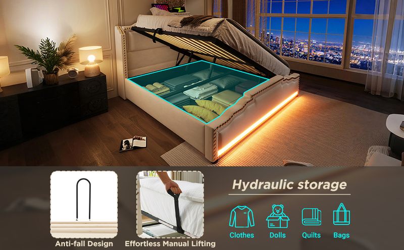 Lit double 140 x 200 cm avec coffre hydraulique, éclairage LED et port de charge USB-C, lit coffre avec sommier à lattes, velours beige, matelas inclus_voghion.com