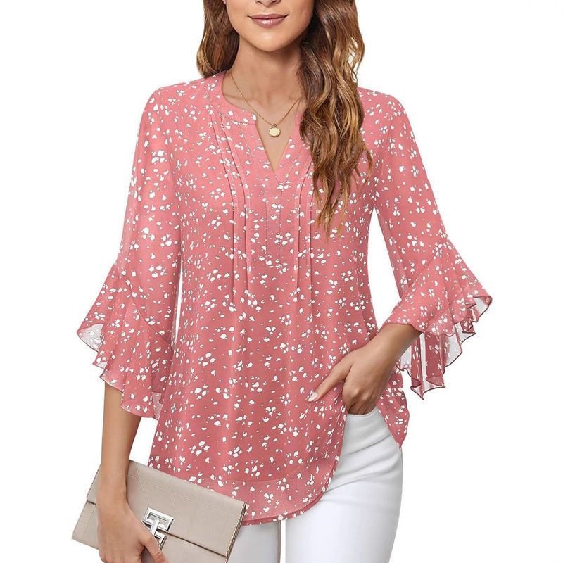 Camicia da lavoro in chiffon con scollo a V, manica a tre quarti, modello Verve Lotus Leaf, tinta unita, casual e alla moda, abbigliamento da donna_voghion.com