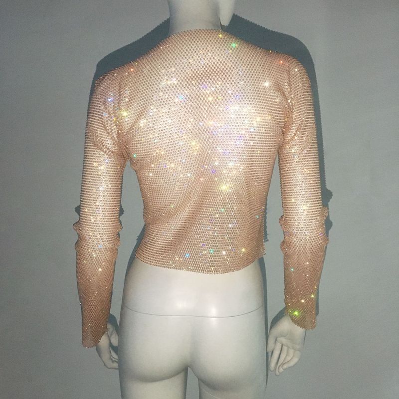 Maglietta da pesca con strass, a maniche lunghe, girocollo, leggera e di lusso, da donna, con look scintillante, alla moda e di tendenza._voghion.com