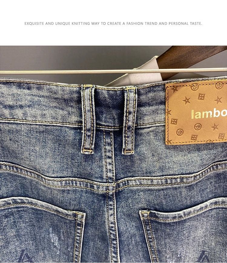High-End Design Printed Jeans For Men, Thin Slim Fit, Skinny, Ripped With Patches, Nine-Point Pants_voghion.com