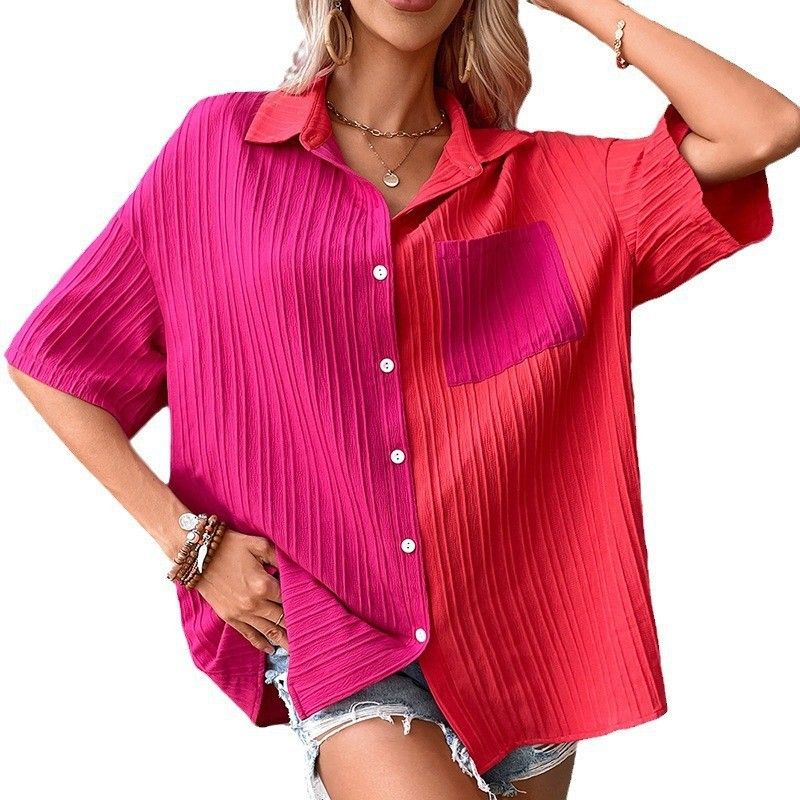 Verve 2025 Summer Button-Up Lapel Patchwork Short Sleeve Casual Top Women's Shirt_voghion.com