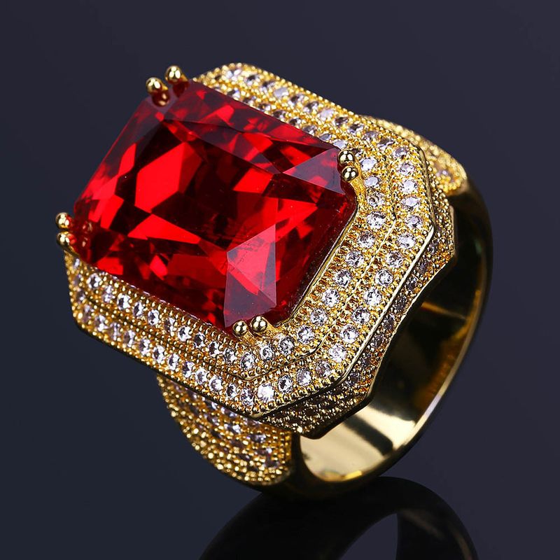 Jewelry & Accessories Gold Plated Gold Plated Micro-Pave Zircon Hip Hop Ring With Ruby For Men - Geometric Design Statement Jewelry (Sizes 7-11)_voghion.com