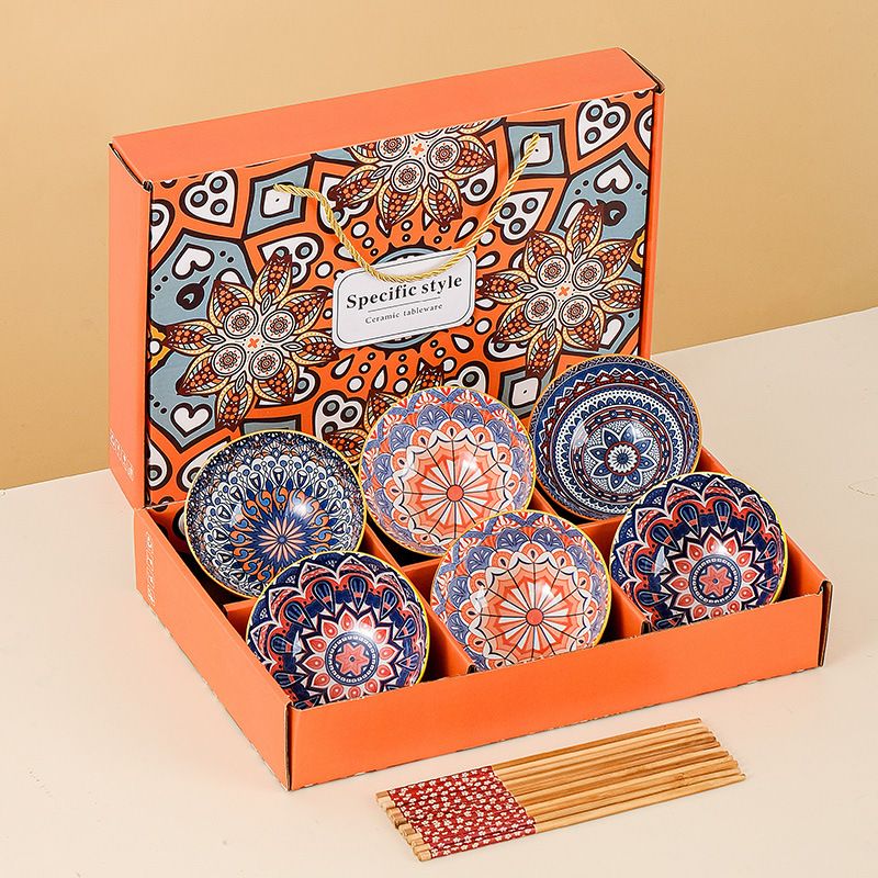 Geschenkset mit böhmischer Keramikschale und Bambus-Essstäbchen – handbemaltes Blumengeschirr, mikrowellengeeignet, Option für individuelles Logo (11,5 cm Durchmesser)_voghion.com