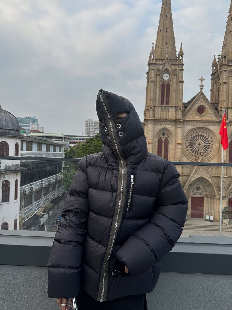 Men's Clothing Dark Style Shark Head Masked Zipper Warm Regular Down Jacket Black, 650 Fill Power Duck Down, Mid-Length Hooded Coat For Urban Commute_voghion.com