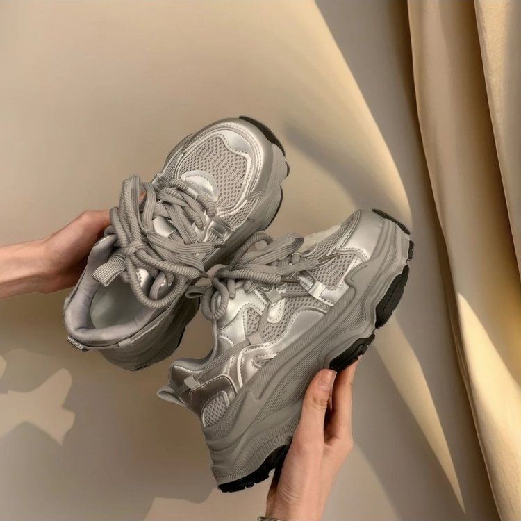 Damskie buty typu dad shoes z grubą podeszwą na platformie, lato 2024, nowy styl, podwyższające, oddychające, siateczkowe, casualowe trampki_voghion.com