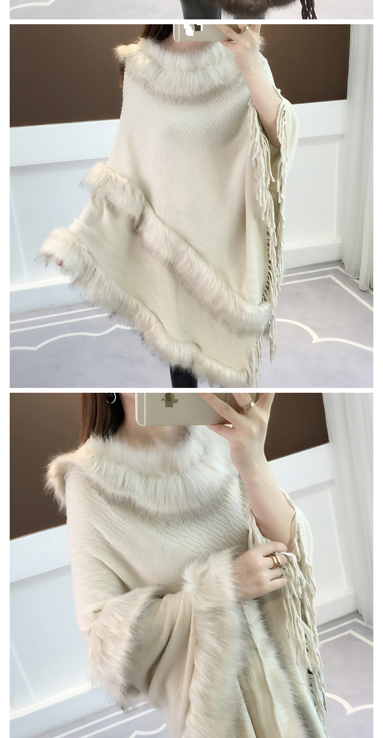 Capa tipo chal con borlas y cuello de piel para mujer, jersey de punto de longitud media_voghion.com