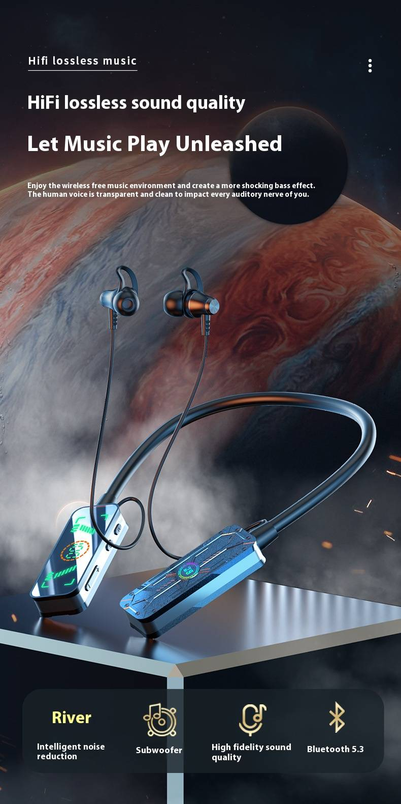 Neckband Bluetooth Headphones 5.4 With Digital Display, Hi-Fi Stereo Sound, Low Latency Gaming Mode, IPX6 Waterproof, Noise Cancellation, 8H Playtime_voghion.com