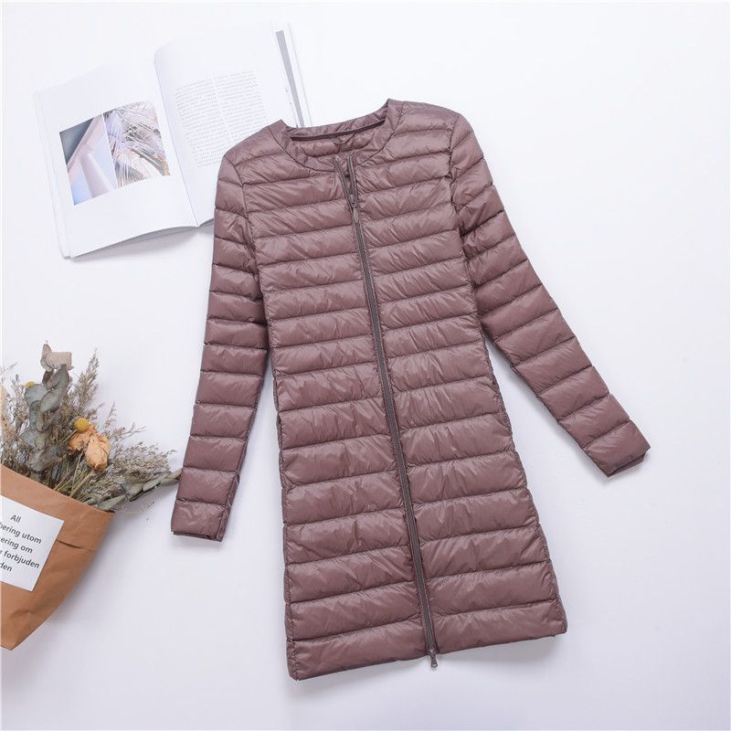 Doudoune longue légère pour femme avec fermeture à boutons-pression, coupe ajustée, col rond, doublure chaude en plumes de canard, manteau mi-long tendance_voghion.com