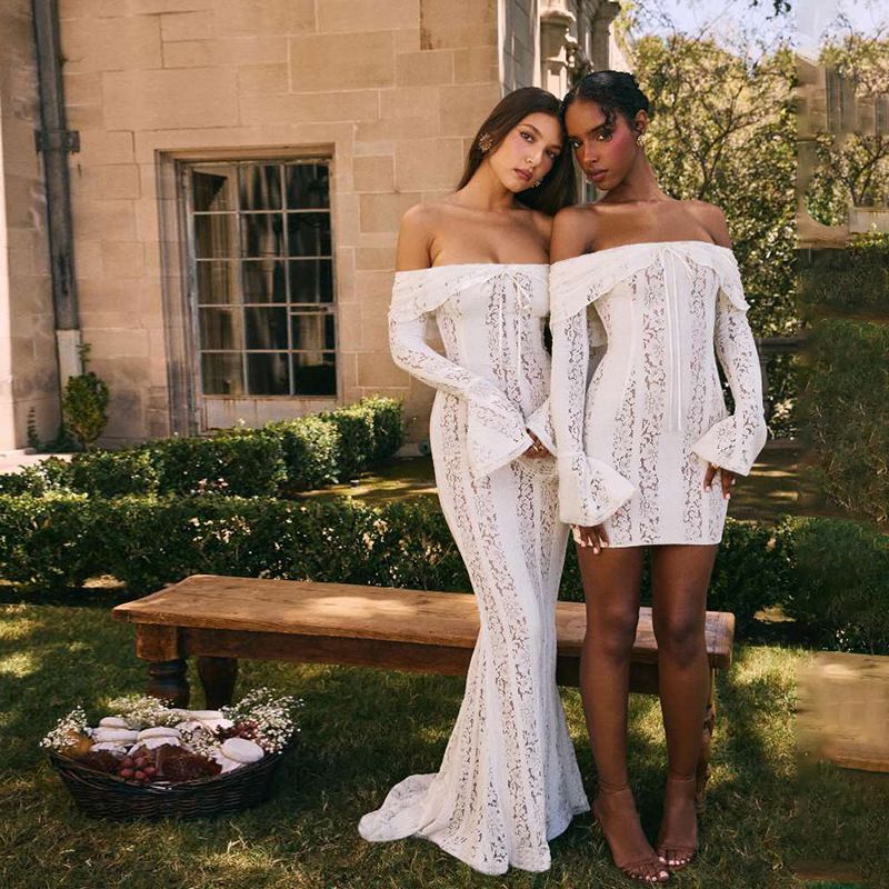 Women's Clothing Off-Shoulder Lace Mermaid Dress – Long-Sleeve Sexy Bodycon Gown (White/Black/Pink/Beige)_voghion.com