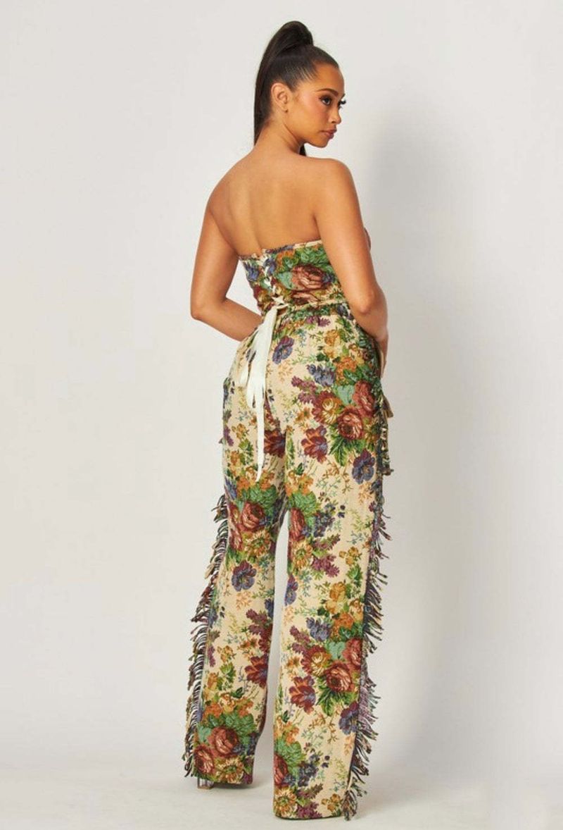 Sexy Lace-Up Tube Top Tassel Long Pants Women's Jacquard Fashion Set_voghion.com