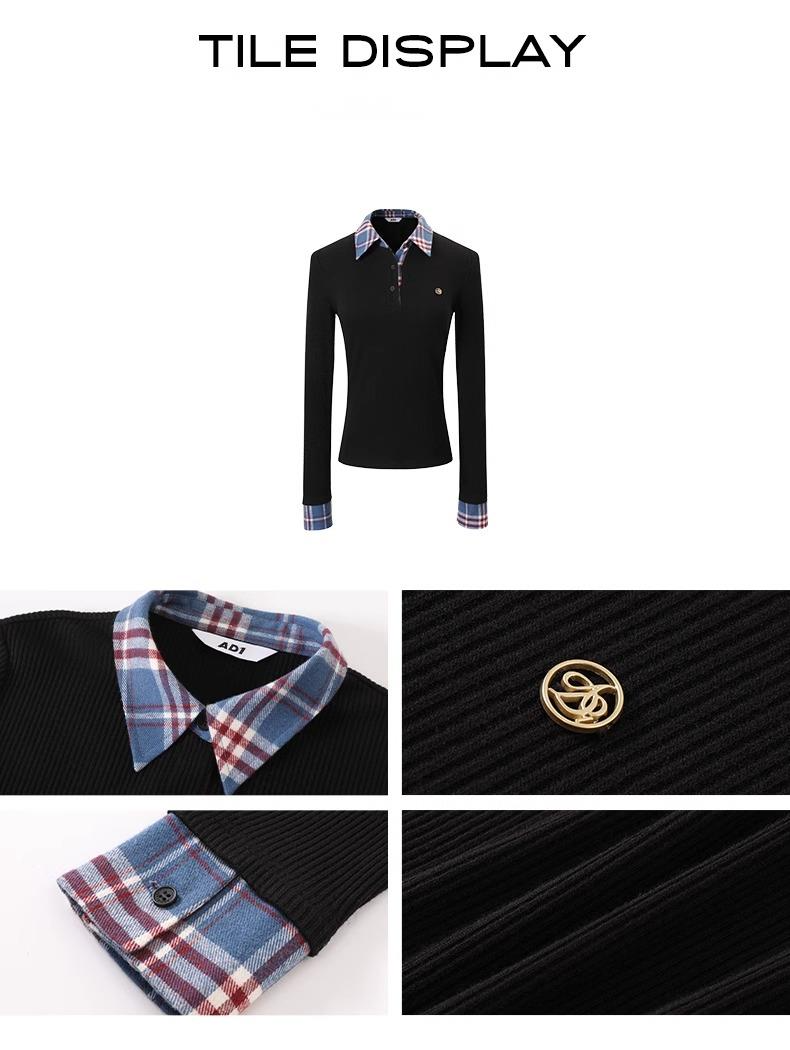 ANDYET AD1 FAK due pezzi a quadri con base a contrasto, camicia in maglia con colletto polo slim fit, top a maniche lunghe, autunno_voghion.com