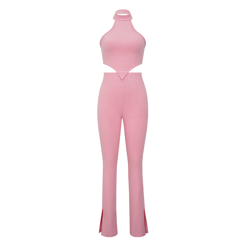 Set da donna in due pezzi casual con pantaloni a camicia senza maniche con collo appeso e ampia striscia in tinta unita_voghion.com