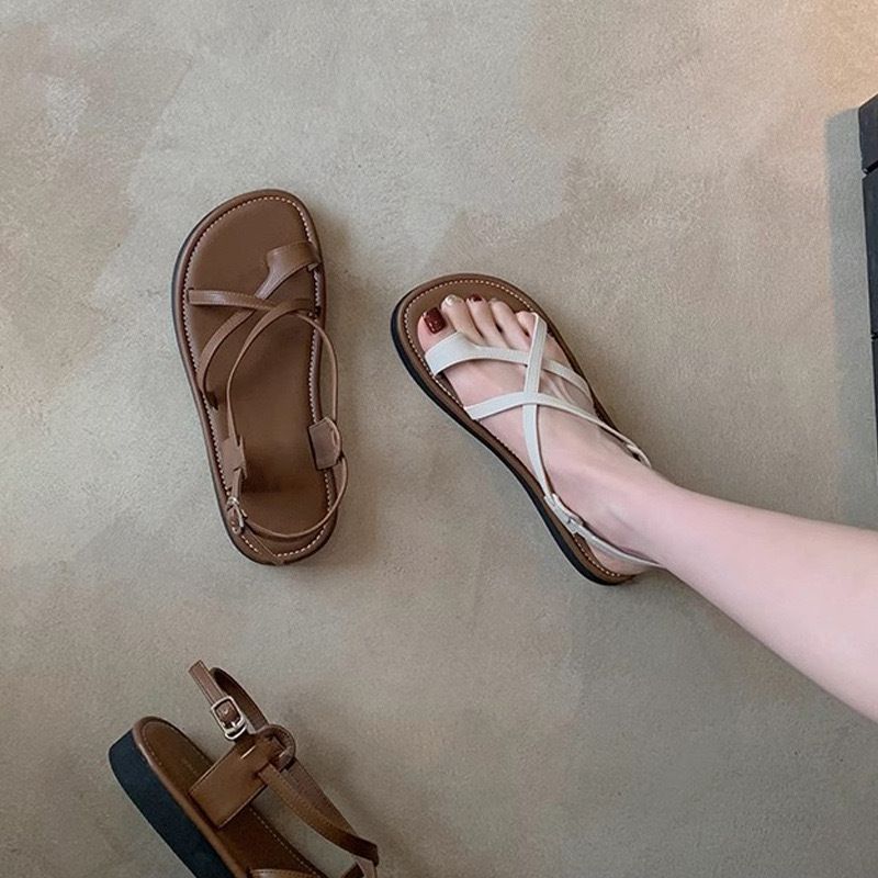 Edizione in pelle di pecora ~ Grape Mom, sandali in vera pelle dello stesso stile per l'estate da donna, con fondo piatto, versatili con punta_voghion.com