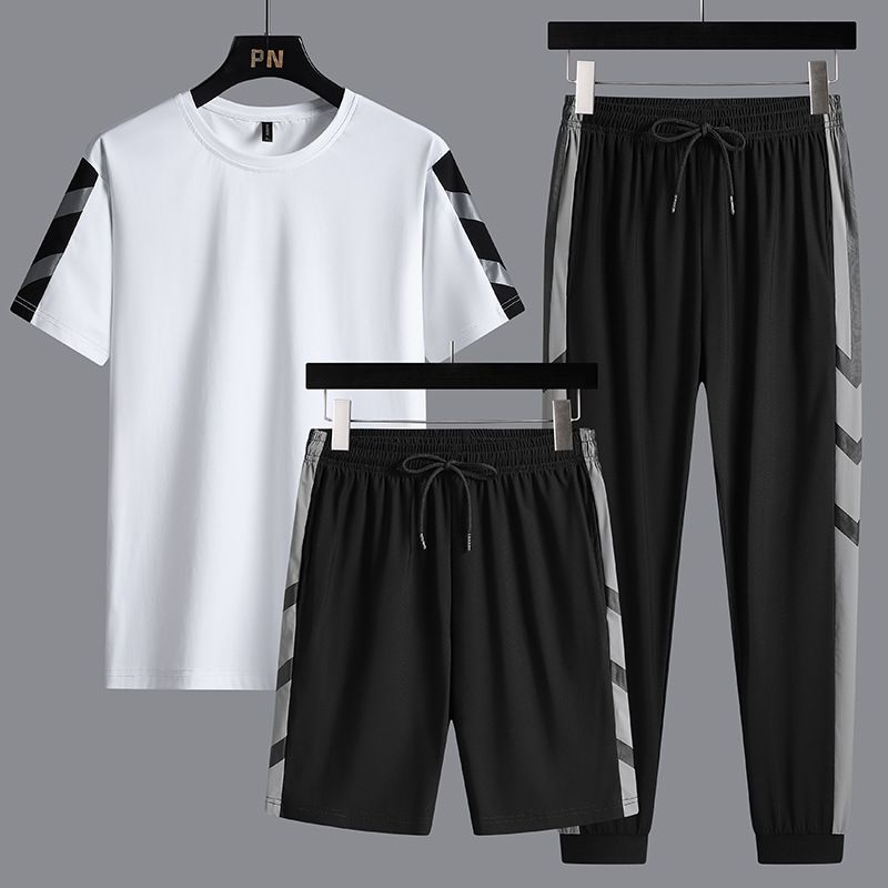 LazyZoom 2025 Set estivo da uomo in seta sottile e ghiaccio, a maniche corte, casual, sportivo, in tre pezzi, elastico, ad asciugatura rapida, con pantaloncini_voghion.com