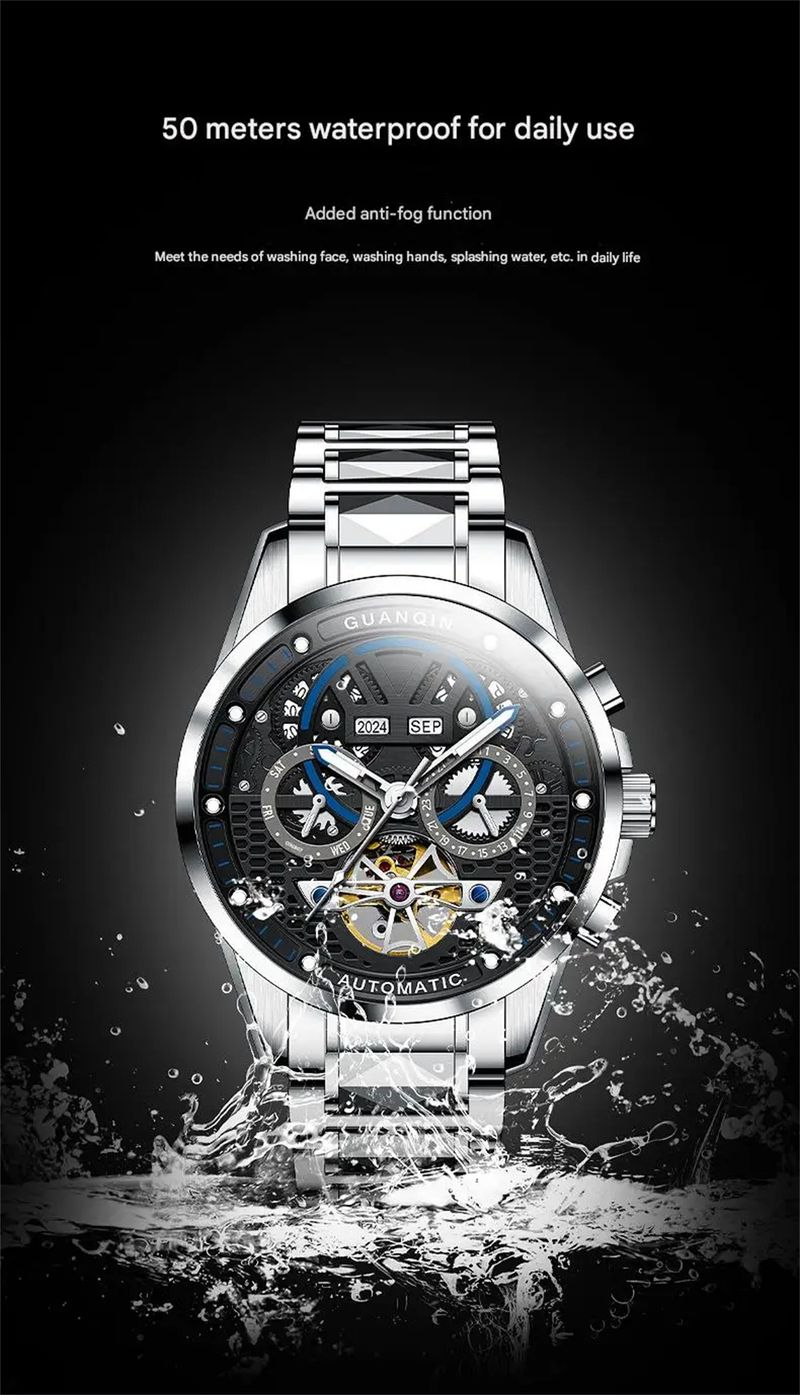 GUANQIN Automatische mechanische Herren-Skelett-Armbanduhr aus Wolframstahl, wasserdicht, Saphir, Wochenkalender, multifunktionale Uhr für Herren_voghion.com