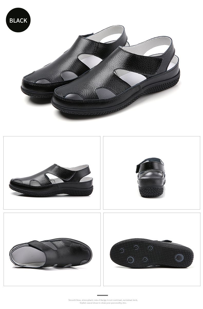 Sandalias de verano de piel auténtica para mujer, cómodas, con punta redonda y suela blanda hueca para mujer_voghion.com