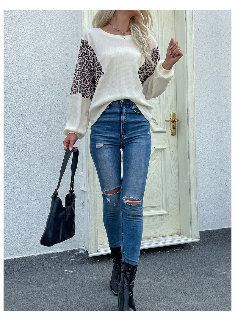 Women's loose crew neck bottom leopard print patchwork knit_voghion.com
