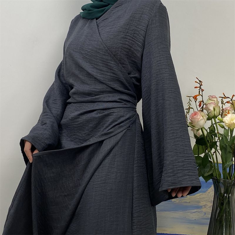 Abiti lunghi da donna in lino per le feste, abaya, musulmani, Ramadan, per l'Eid, caftano marocchino, abito nero, jalabiya, tinta unita_voghion.com