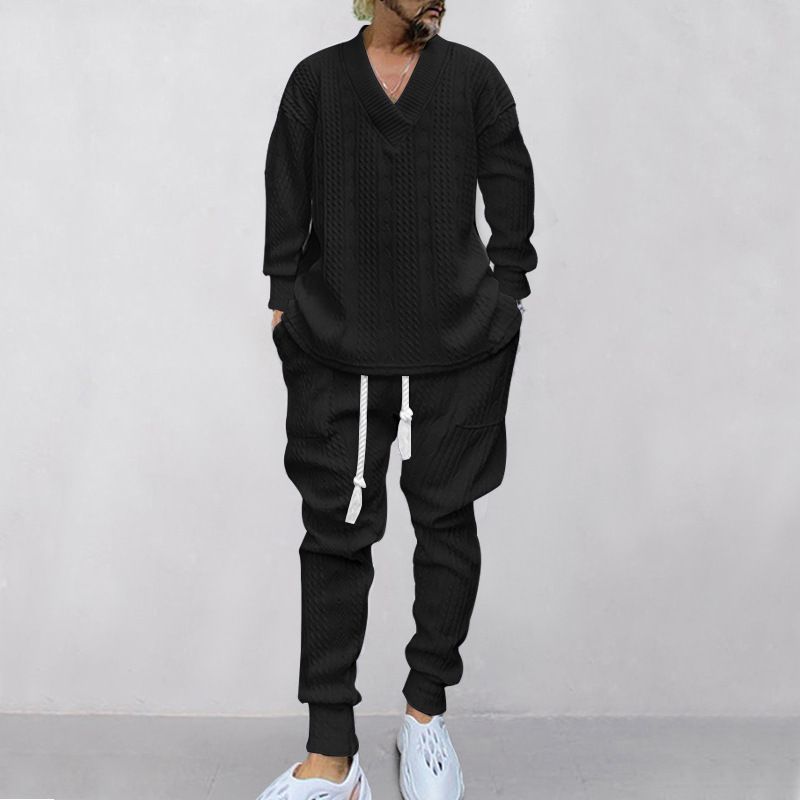 2 Fashionable Men's Casual Trousers V-neck Versatile Jacquard Knitted Sweater Men's Autumn Suit_voghion.com