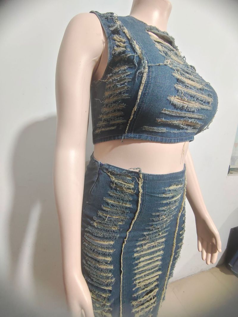 Dameskleding Dames Denim Pakken Dameskleding Trend Persoonlijkheid Handgedragen Vest Split Denim Rok_voghion.com