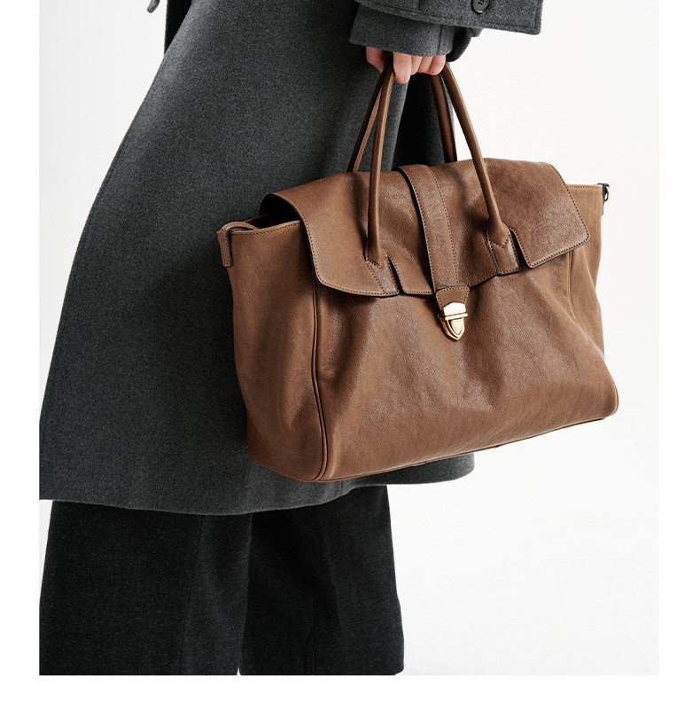 Qiu Zhen Plant Tanned Head Layer Cowhide Handheld Briefcase for Women's High Grade Genuine Leather Bag Retro Large Capacity Commuter Bag_voghion.com