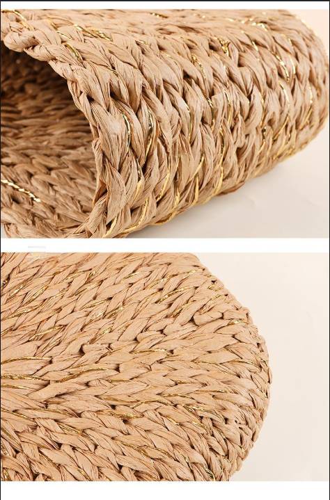Women’s Bags Diamond Shaped Handle Portable Straw Woven Bag New Style Gold Thread Semi Circular Hand Held Woven Bag Holiday Style Beach Bag Versatile_voghion.com
