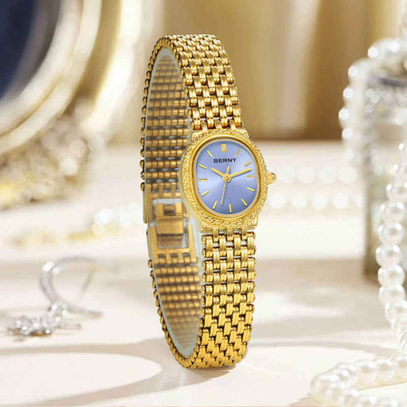 BERNY Small Gold Watches For Women Dainty Luxury Oval Dial Ladies Analog Quartz Bracelet Watch Stainless Steel Waterproof Minimalist Wristwatch_voghion.com